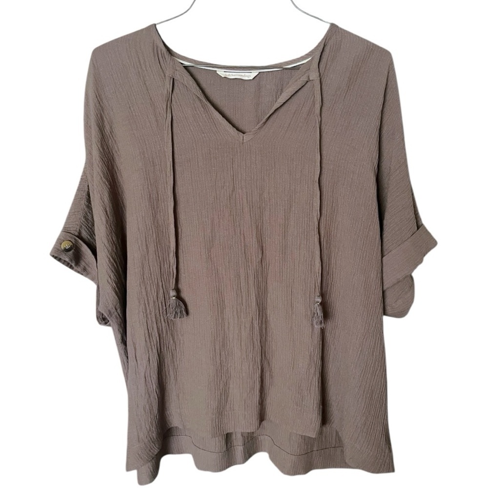Soft Surroundings Lyra Tassel Dolman Sleeve Top Brown V Neck Boho - Picture 2 of 6
